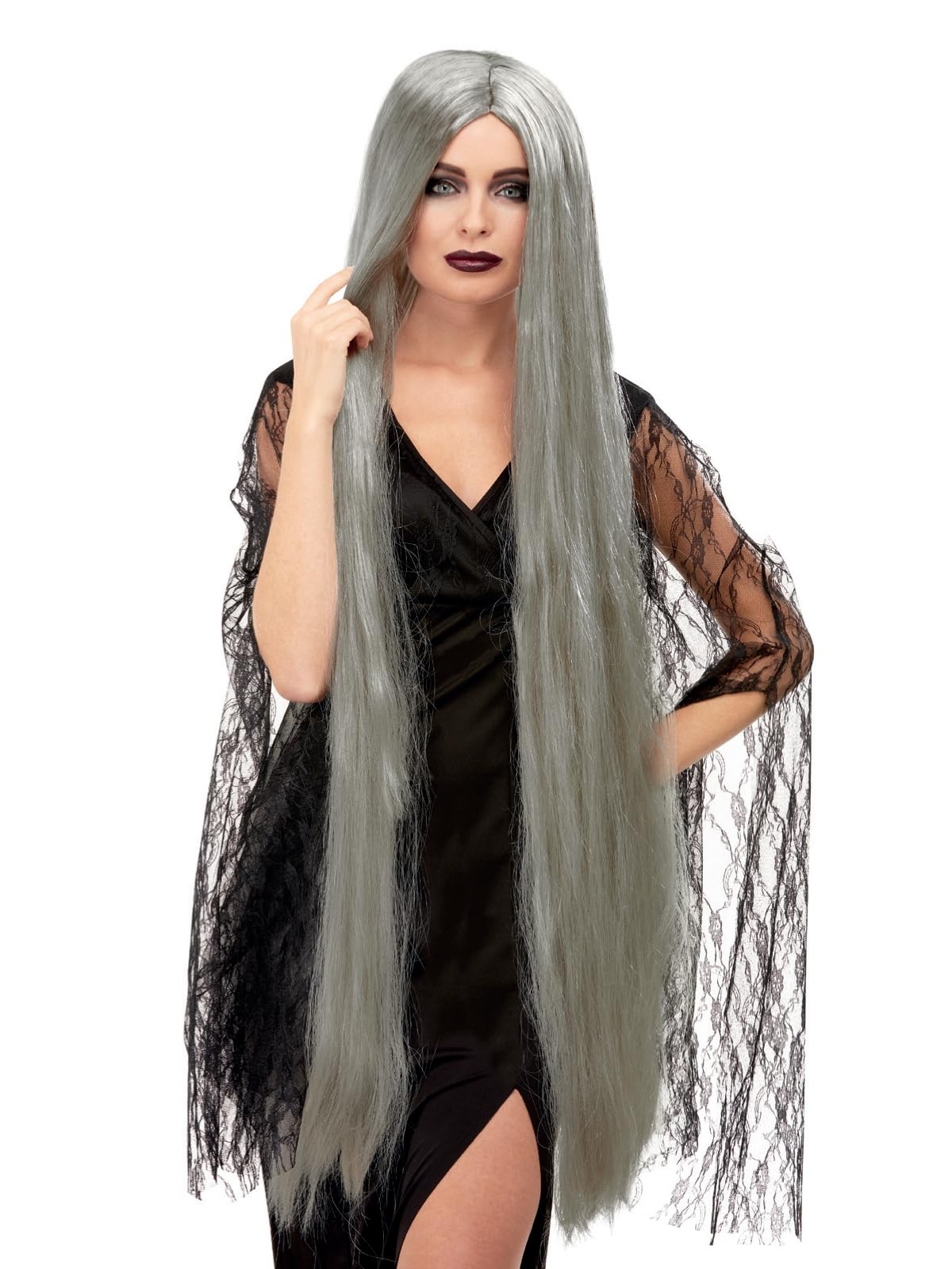 Smiffys Witch Wig Extra Long, Grey 120cm Long, Halloween Fancy Dress Accessory, Witch Dress Up Wigs