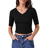 Allegra K Women's V Neck Fall Tshirts Short Sleeve Knit Top Slim Fit Ruched Lightweight Basic Casual Tops 2025