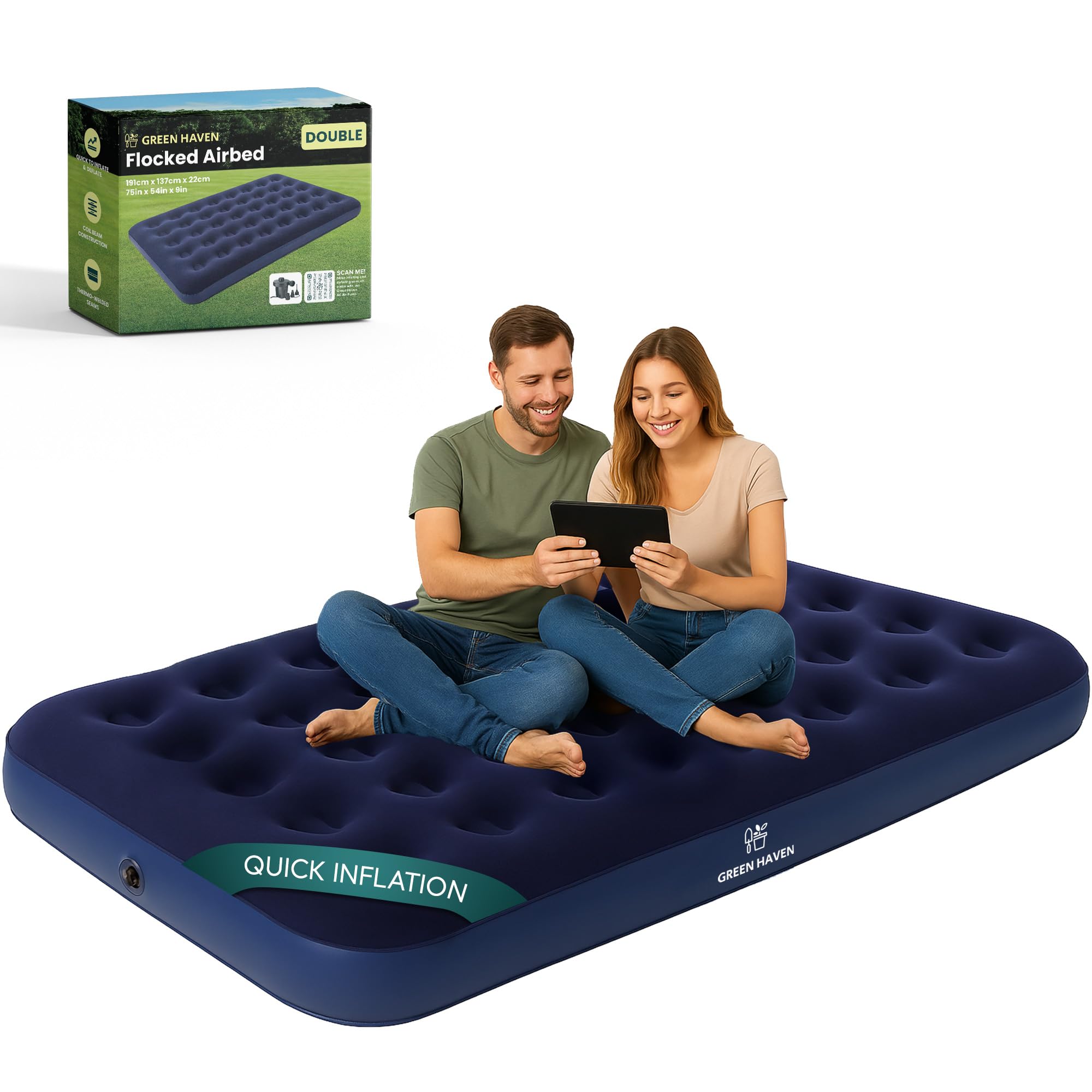 Green Haven Double Blow Up Airbed – Inflatable Waterproof Mattress for 2 – Comfortable Flocked Air Bed for Camping, Festivals & Guests – Lightweight & Easy to Store