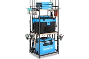 PLUSINNO 3 Tier Fishing Rod Holder, Fishing Pole Holders for Garage, Fishing Rod Rack Fishing Rod Storage Up to 8 Rods, Fishing Gear Tackle Box Fishing Equipment Organizers, Fishing Gifts for Men