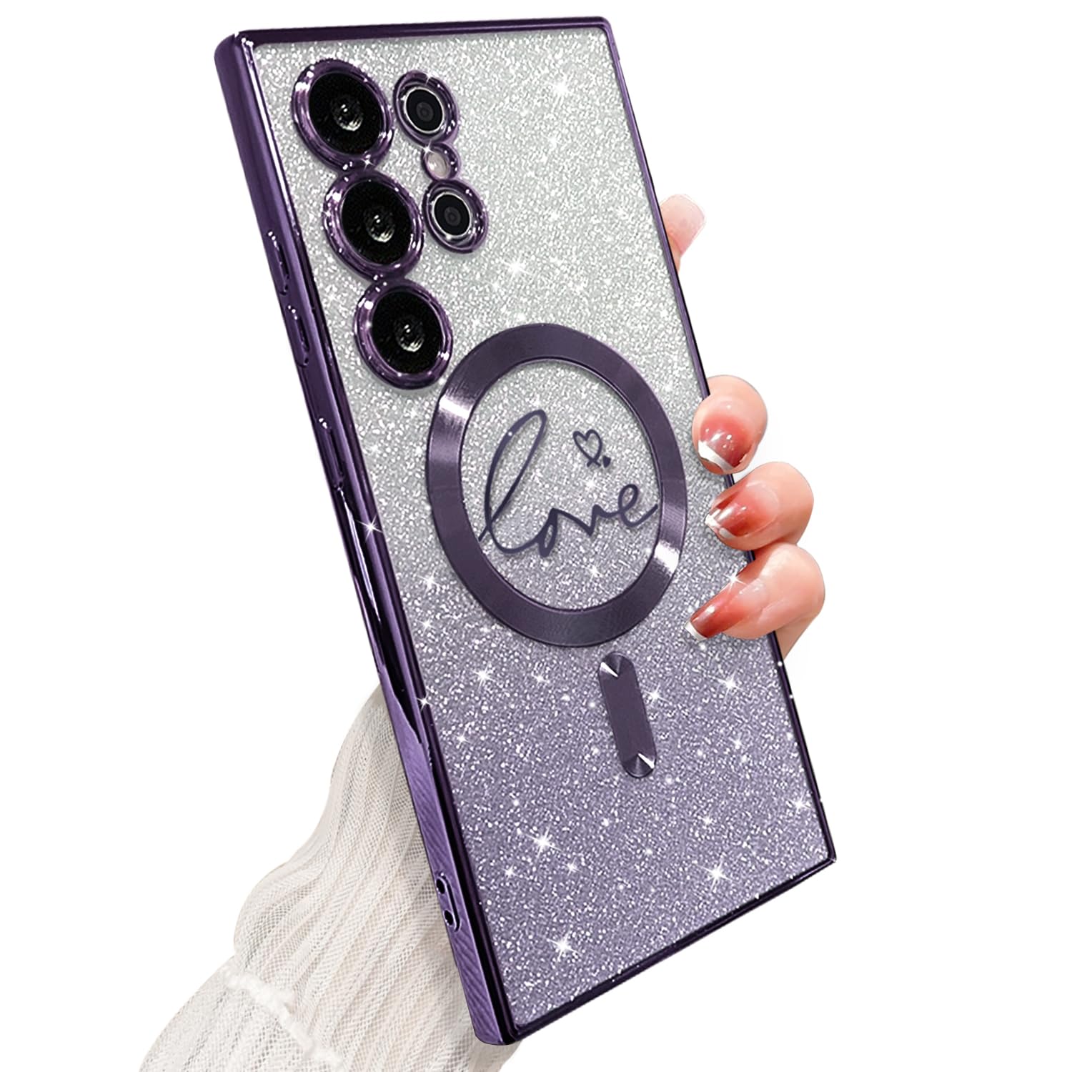 ZONRW for Samsung Galaxy S24 Ultra Case Magnetic,for Women Girl Soft Cute Luxury Love Heart Plating Bling Gradient Glitter Clear Phone Case Compatible with MagSafe Shockproof Back Cover 6.8”-Purple