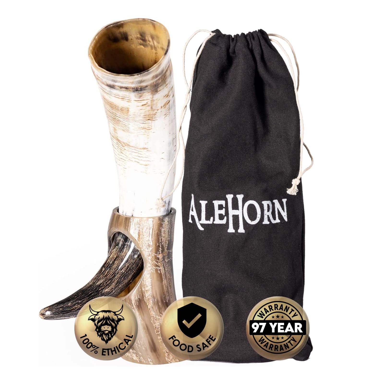 AleHorn Drinking Horn - 12 Inch (19oz) Curved Style Drinking Horn with Stand - Viking Beer Cup with Natural Finish for Ale & Mead - Handcrafted Viking Horn Beer Stein - Authentic Holiday Gift