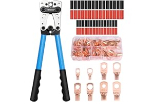 Brileine Battery Cable Crimping Tool 10-1 AWG with Heat Shrink Tubing Kit, 8 Sizes 60Pcs Copper Ring Terminals Battery Termin