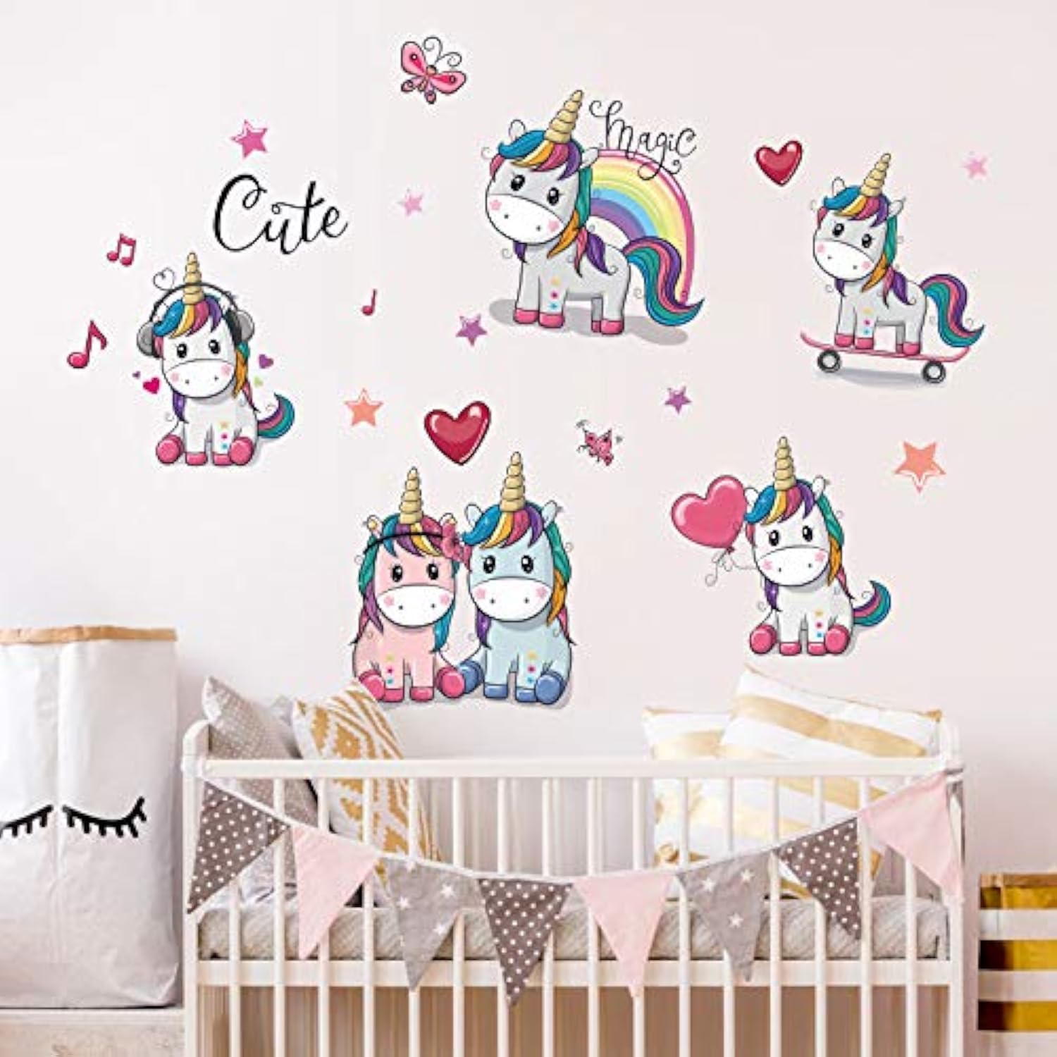 Kibi Store Rainbow Unicorn Wall Sticker, 2 Sheets, Multicolor, Matte, Reusable, Waterproof, Kids, Unicorn Theme, Crystal Embellishment