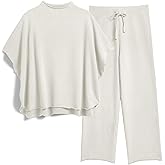 SeeLuNa Women's Two Piece Outfits 3/4 Batwing Sleeve Capelet Crew Neck Pullover Top Wide Leg Pants Lounge Set