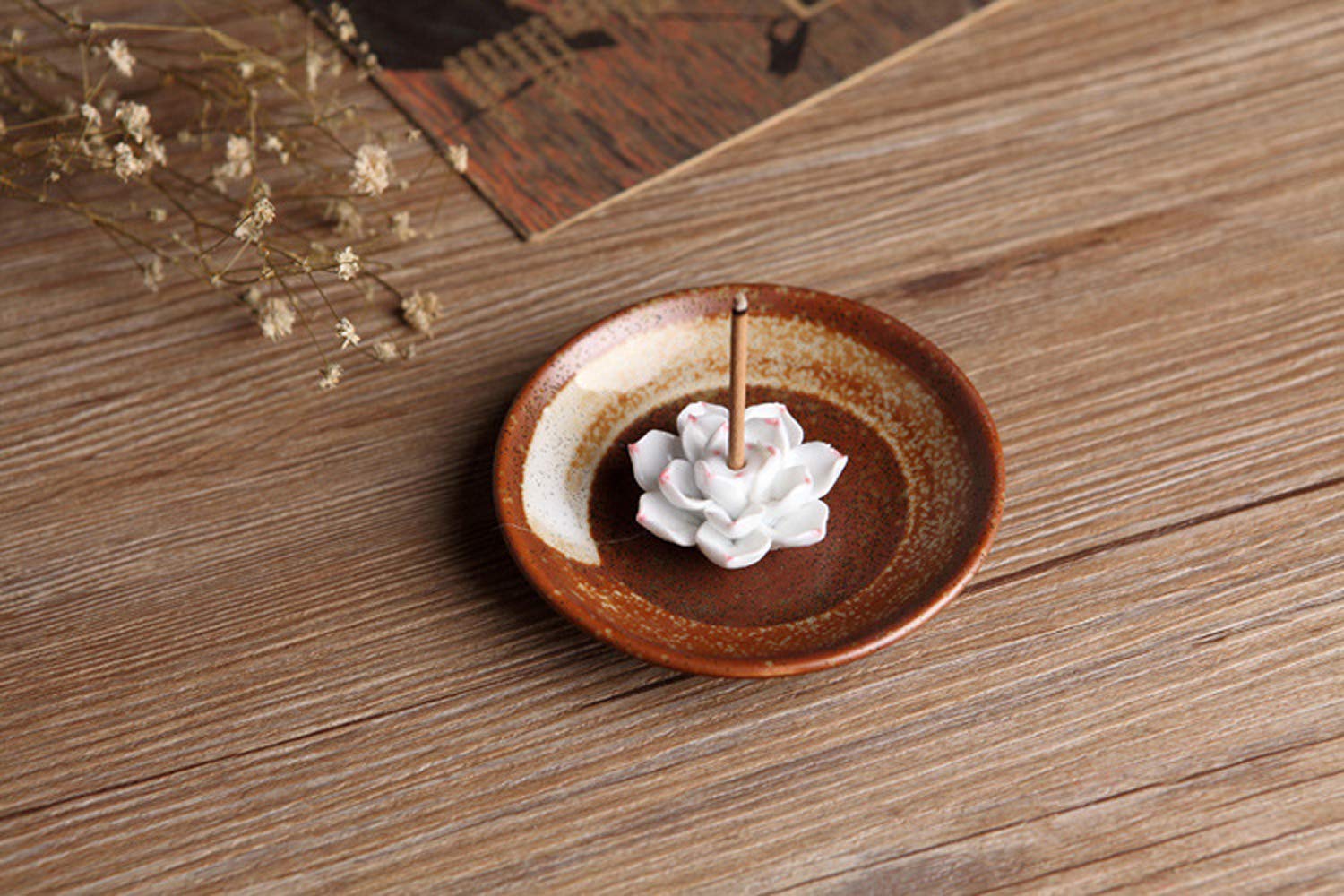 IPENNY Incense Holder Stick Ceramic Handmade Artistic Incense Burner Decorative Flower Ash Catcher Buddhist Round Plate