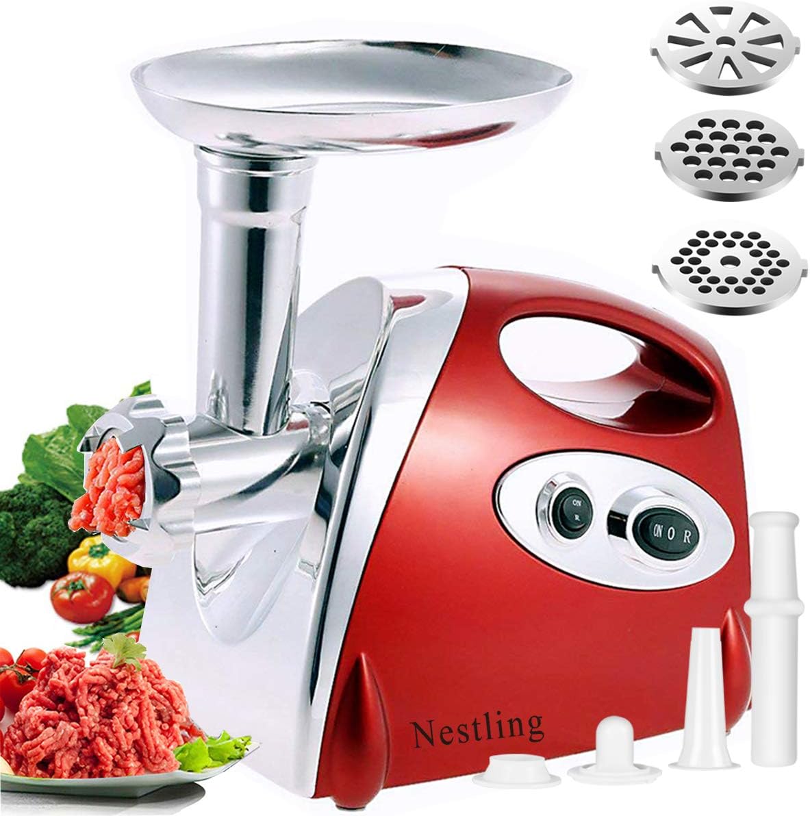 QITAO® Electric Meat Grinder Mincer Sausage Maker Machine Kibbe Attachments 3 Stainless Steel Cutting Blades 2800 Watt Copper Motor Red