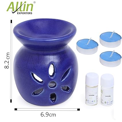 Allin Exporters Ceramic Diffuser Essential Oil Burner, 3 Tea Light Candle With Holders Combo Pack With 2 Lavender Aroma Oils 4ml Each - Blue