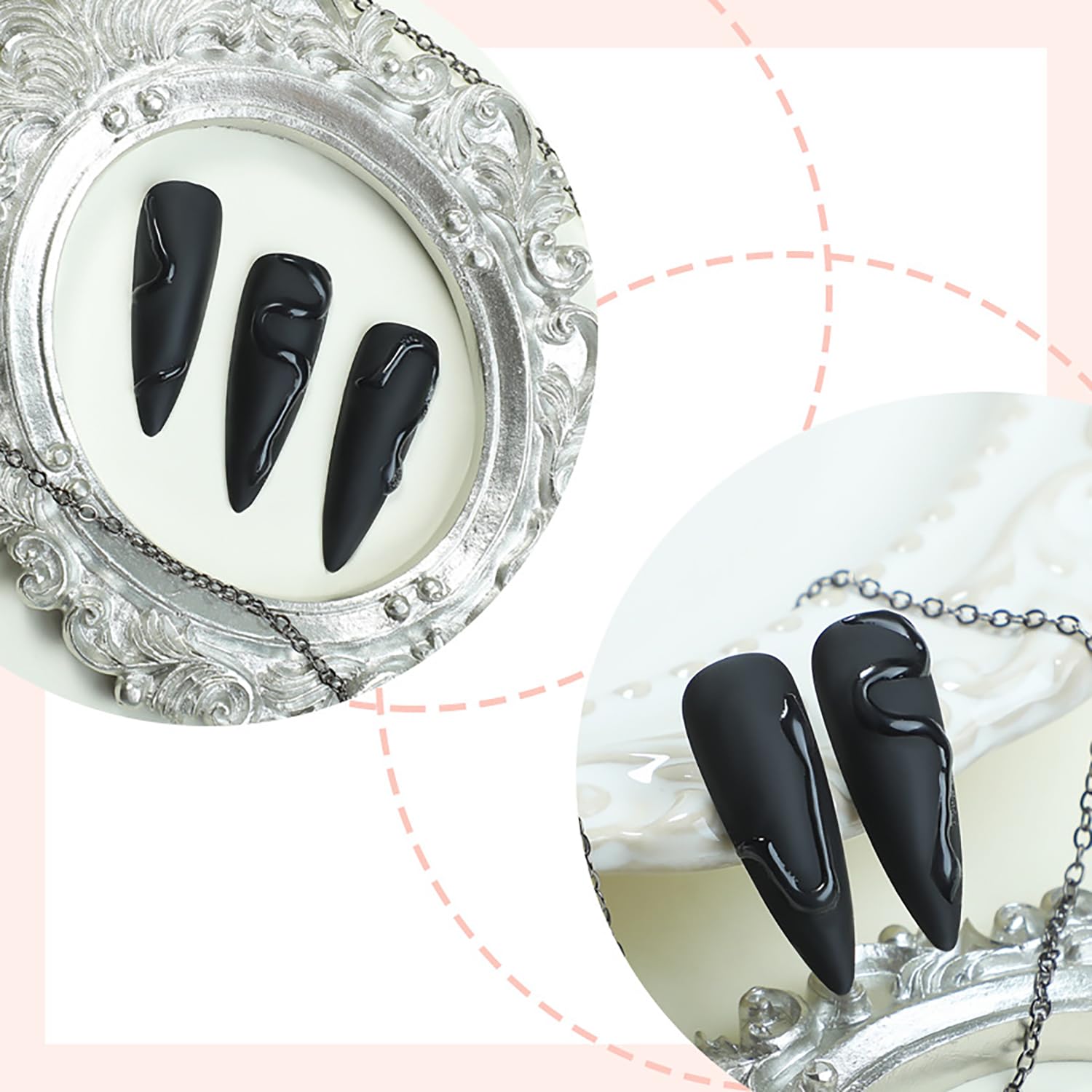 24 Pcs Black Almond Press on Nails Long Stiletto - GRITOSE Acrylic Fake Nails Press ons Reusable False Nails with 3D Snake Design Matte Almond Nails Artificial Full Cover Stick on Nails for Women - Image 3