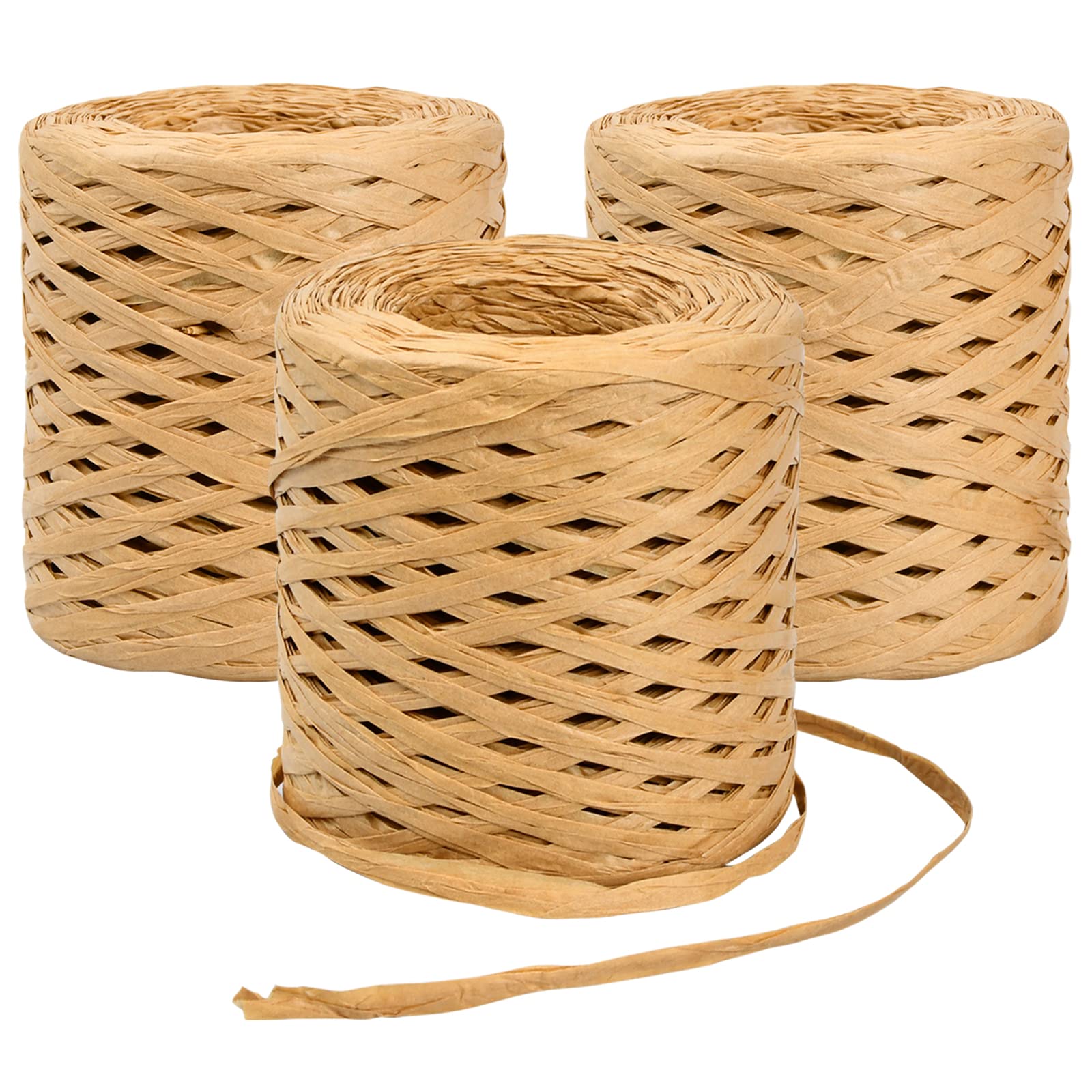 3 Rolls of Raffia Paper Ribbon, 200 m Raffia Paper Rope, Wrapping Ribbon for Gift Packaging, DIY Craft Decoration, DIY Weaving Florist (Brown)
