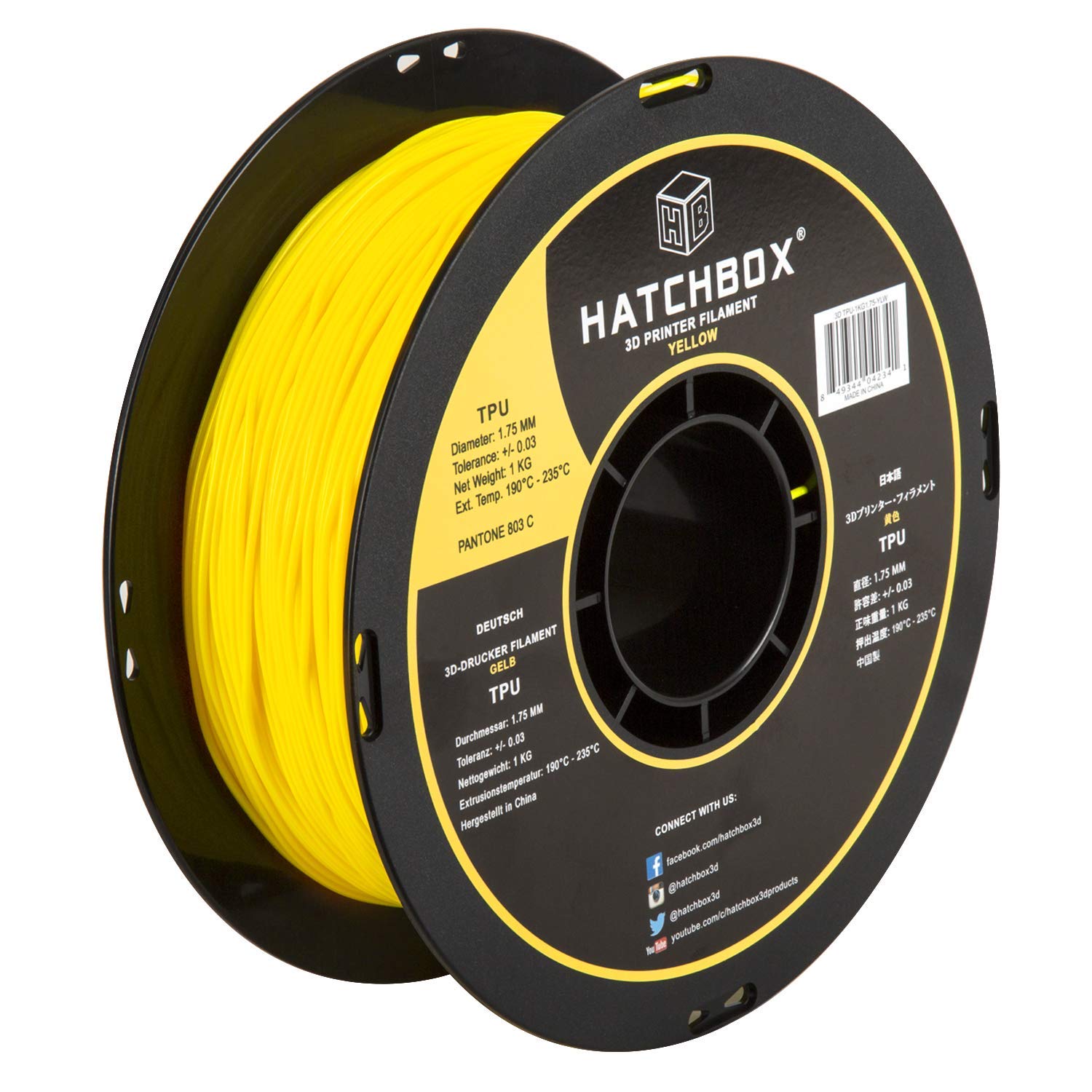 HATCHBOX TPU 3D Printer Filament, Dimensional Accuracy +/- 0.03 mm, 1 kg Spool, 1.75 mm, Shore 95A, Yellow