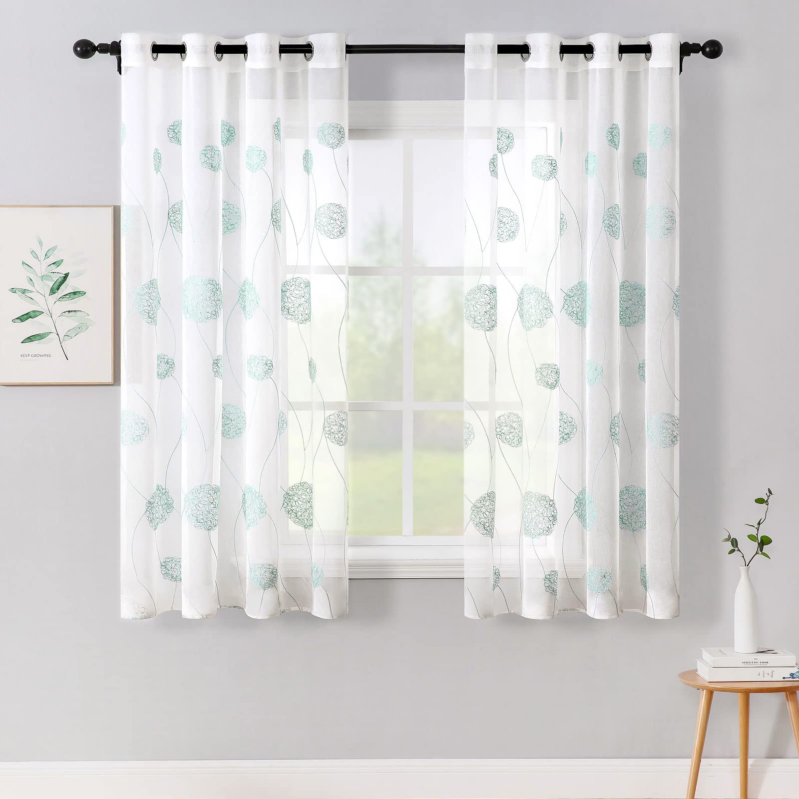 MIULEE Embroidery Sheer Curtains Flora Design Grommet Window Curtain Semi Voile Drapes Panels with Eyelets Window Treatments for Living Room Bedroom 2 Panels 55" W x 69" L Blue