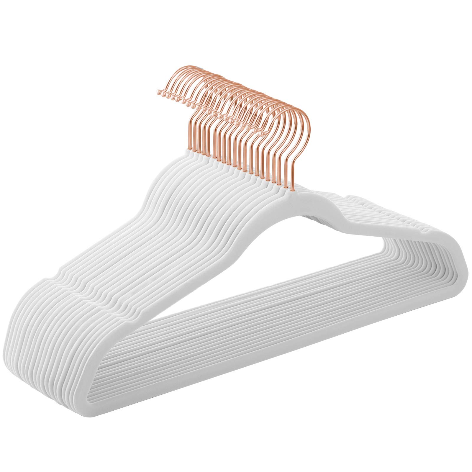 SONGMICS Set of 20 Velvet Hangers, 41.5 cm Wide, Space-Saving, High Load Capacity, with 360° Swivel Hooks, for Coats Shirts Suits, White and Rose Gold CRF026W01