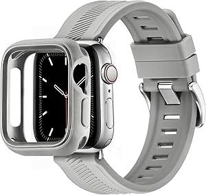 BesBand Compatible with Apple Watch Bands 44mm 42mm 40mm 38mm, Soft Silicone Waterproof Sport Band Loop with Protective Case for iWatch Series 6/5/4/3/2/1&SE (Dark Gray/Silver, 42mm/44mm)