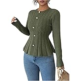 GORGLITTER Women's Cable Knit Peplum Tops Long Sleeve Crew Neck Sweater Jumper Top