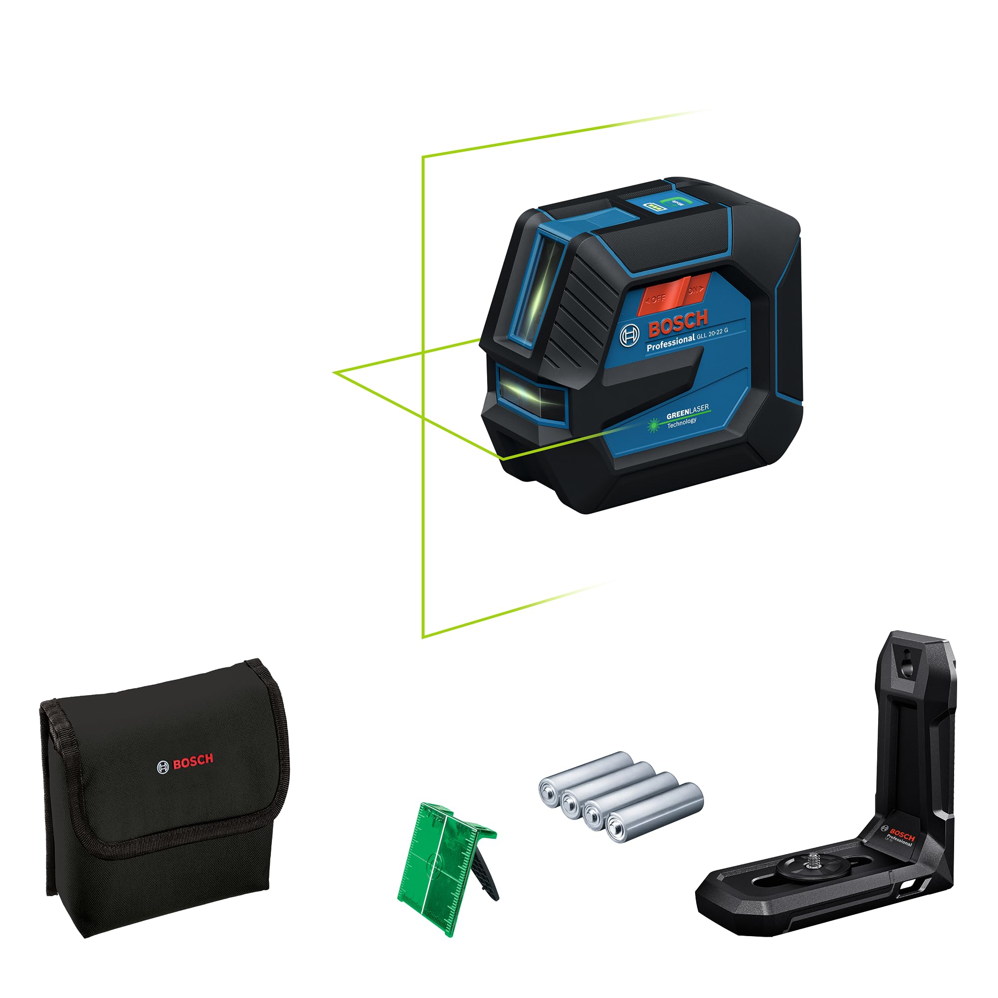 Bosch Professional Linienlaser GLL 20-22 G (Halterung LB 10, grüner Laser, Innenbereich, Dual Power Source, 2 x 1.5V LR6 Batterien, Schutztasche)