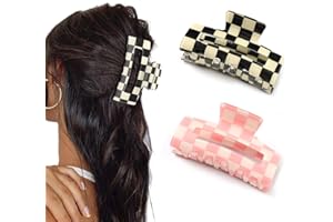 Paderison 2Pcs Checkered Rectangle Multicolored Claw Barrettes - Strong Hold Y2K Hair Accessories for Thin and Thick Hair (Pink Black)