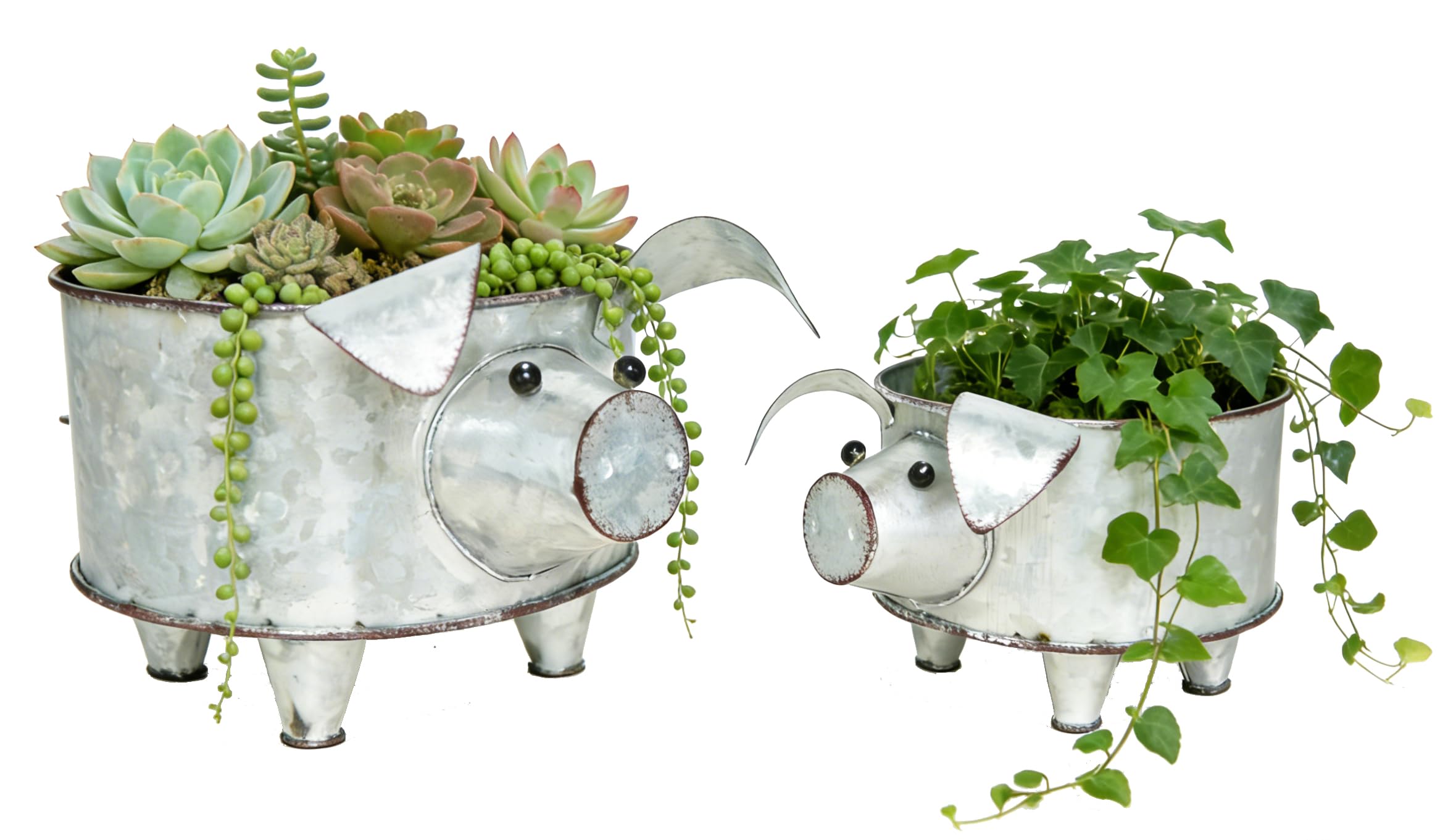 YurDoca ShabbyDecor Galvanized Pig Standing Bowl for Fruit Container or Decorative Greenery Planter Set of 2