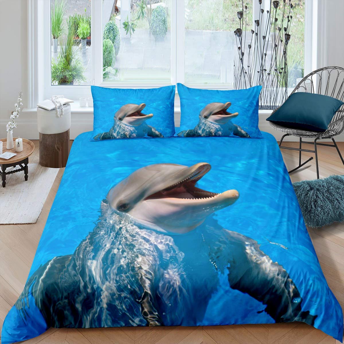Kid Dolphin Bedding Set Cute Dolphin Duvet Cover Marine Life Comforter Cover for Children Boys Girls Sea Animal Blue Wave Decor Microfiber Bedspread Cover Room Decor Bedclothes Single