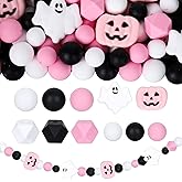 Whaline 108Pcs Halloween Silicone Beads with Elastic Rope Pumpkin Ghost Pink Black White Round Hexagon Loose Rubber Beads for DIY Crafts Jewelry Keychain Making