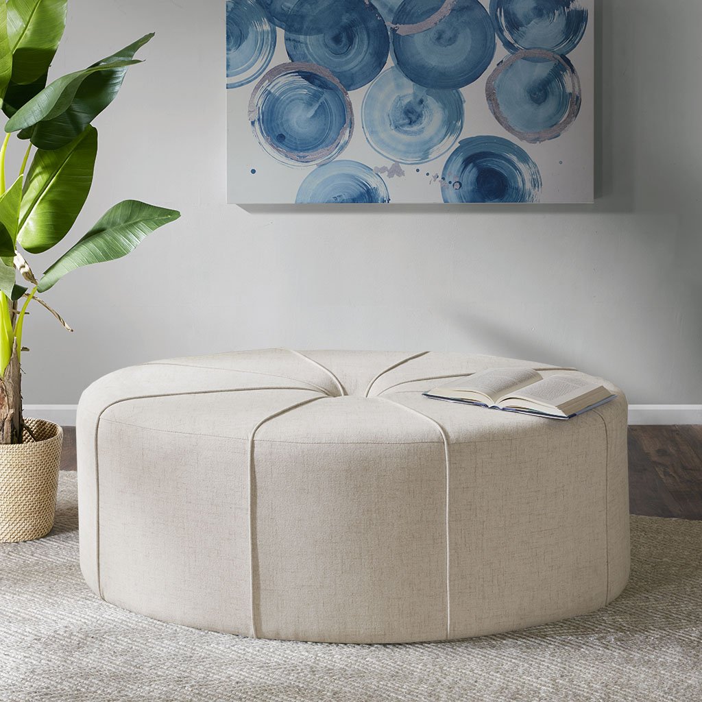 Madison Park Ferris Coffee Table Oval - Solid Wood, Polyester Fabric Large Cocktail Ottoman Modern Style, Button Tufted Center, Sun Flower, 48.5" Wide, Cream