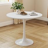 Haode 27.5 Inch Round Dining Table with MDF Top &amp; Metal Pedestal Base | White Small Round Kitchen Table, Suitable for Kitchen, Living Room, Balcony Cafe