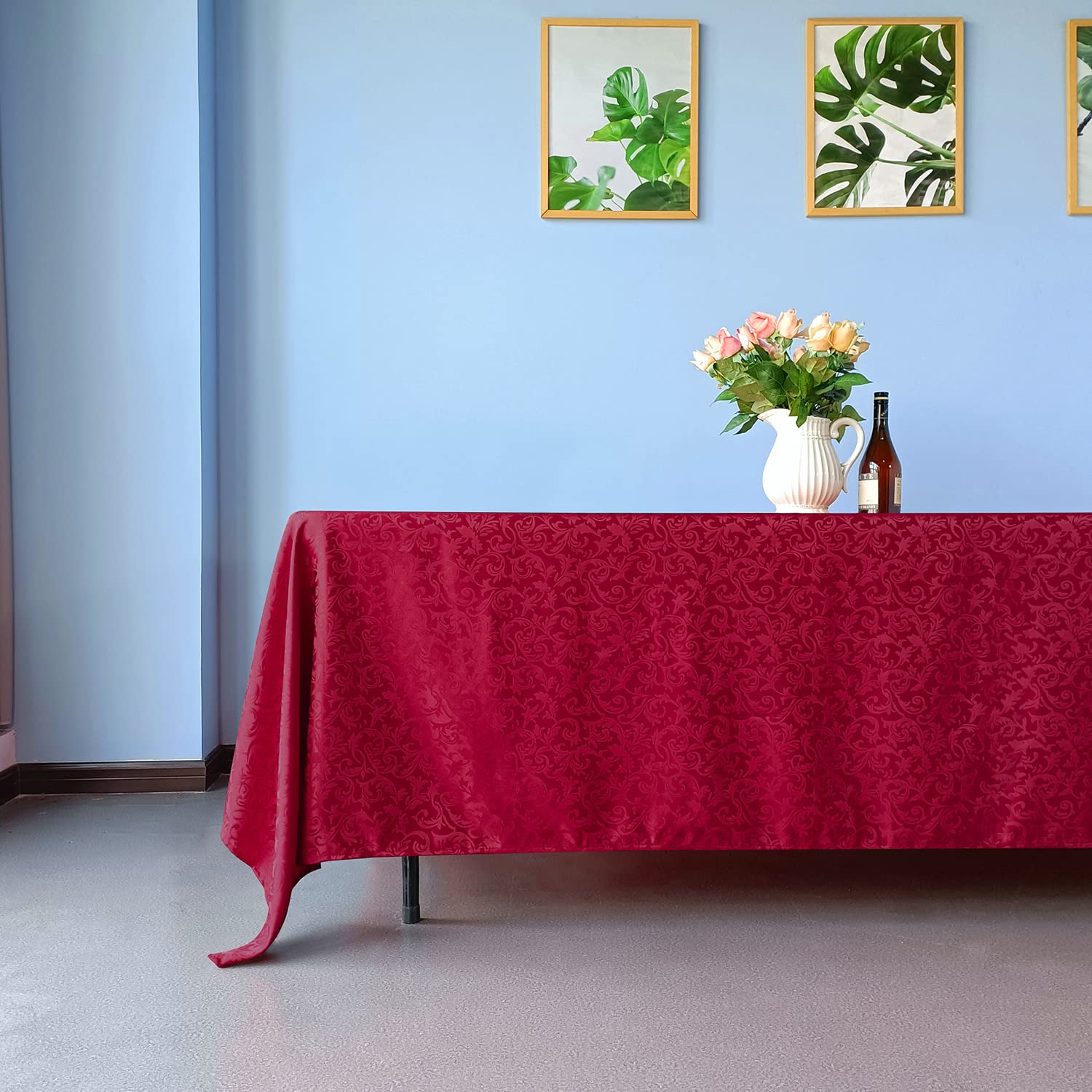 WedDecor 70" x 144" Rectangle Damask Tablecloth Scrolled Leaves Pattern Seamless Circular Linen Table Cover For Restaurant, Dining, Weddings & Events Table Decorations, Red, 1pc