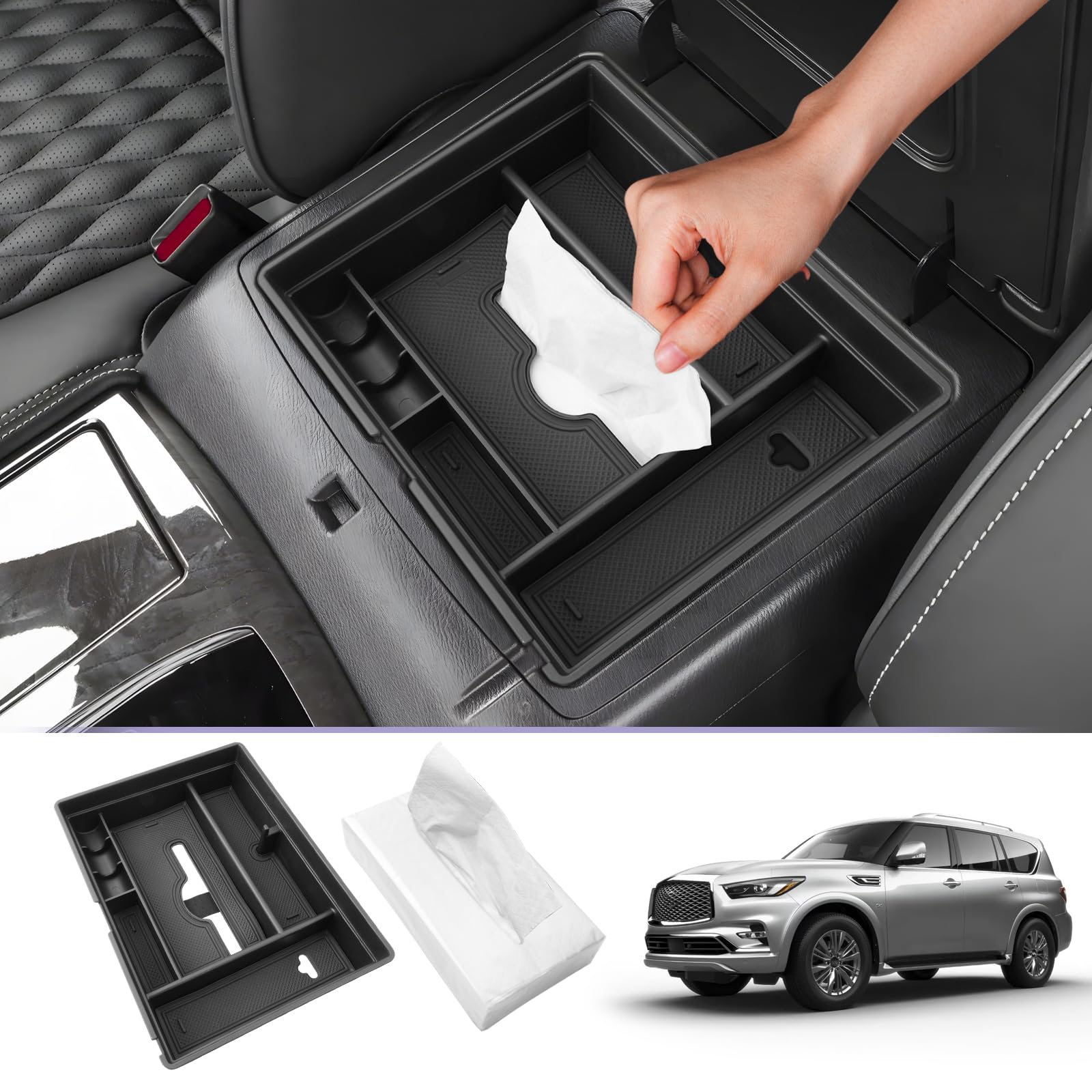 Photo 1 of LUWU 2025 Infiniti Accessories Center Console Organizer Compatible with 2022 2023 2024 2025 Luxe/Premium Select/Sensory Console Organizer Tray Armrest Storage w/Tissue Box