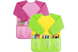 SOCOLER 2 Pack Kids Art Smock,Kids Painting Apron,Children Artist Aprons with Long Sleeve 3 Pockets for Toddlers 3-6 Years