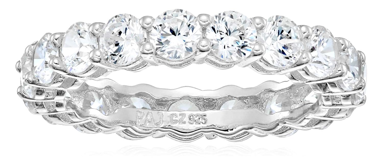 Amazon Essentials Plated Sterling Silver Round-Cut Cubic Zirconia All-Around Band Ring
