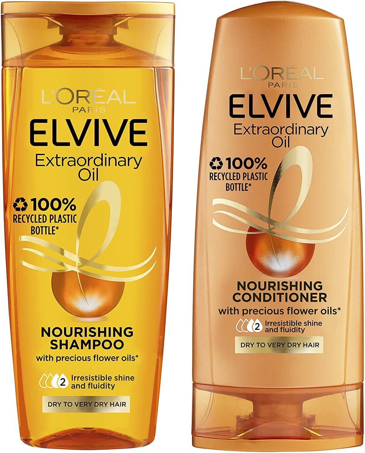 L'Oreal Elvive Extraordinary Oil Nourishing Shampoo & Conditioner Set for Dry to Very Dry Hair, 400ml bottle of each, Irresistible Shine & Fluidity