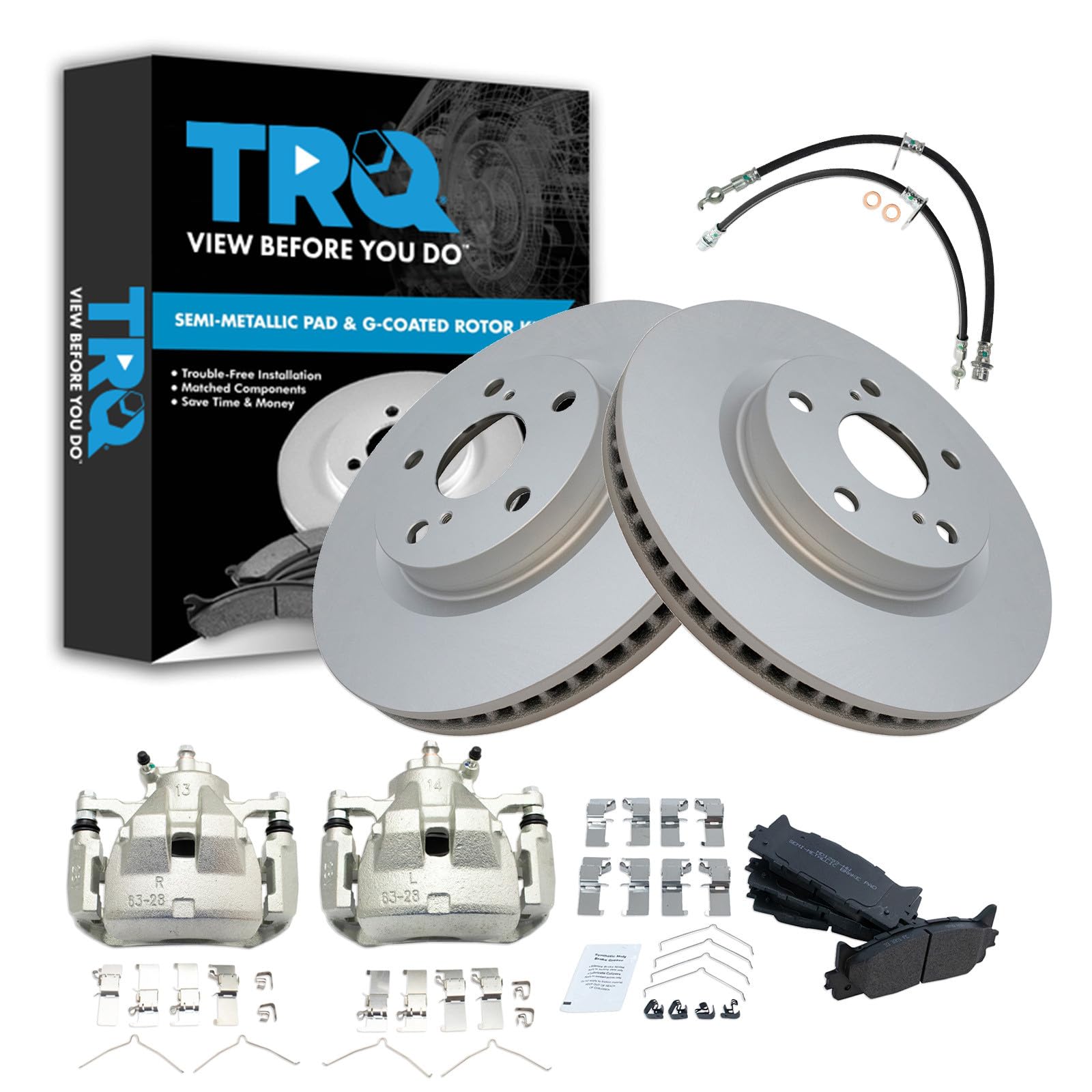 TRQ Front Brake Pad and Rotor Set Semi Metallic Coated Rotors Calipers Compatible with 2012 Toyota Avalon Image