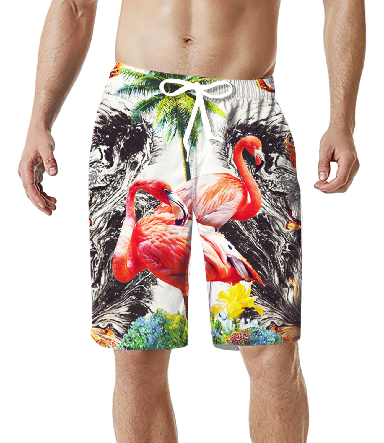 TUONROAD Men\'s Summer Holiday Aloha Beach Shorts Black Water Green Coconut Tree White Hwaiian Bathing Suit Shorts Tropical Beach Casual Style Board Shorts,X-Large,Flamingo