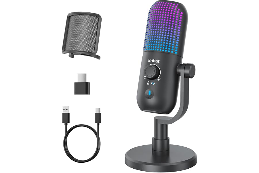 BRIBAT USB Microphone for PC Gaming,Streaming&Podcast,Plug & Play RGB Desktop Mic with One-Touch Mute,Cardioid Noise-Cancelin
