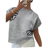 Floerns Women's Flower Floral Knit Dolman Cap Short Sleeve Crew Neck Pullover Sweaters Tops Fall Outfits Loose Fit