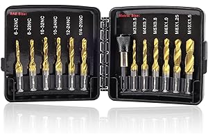Valkynos Drill Tap Set with Quick-Change Adapter of 13Pcs, 6 SAE Sizes: 6-32NC to 1/4-20NC, 6 Metric Sizes: M3 to M10, Titanium Combination Drill & Tap Bit Set for Drilling Threads, Tapping