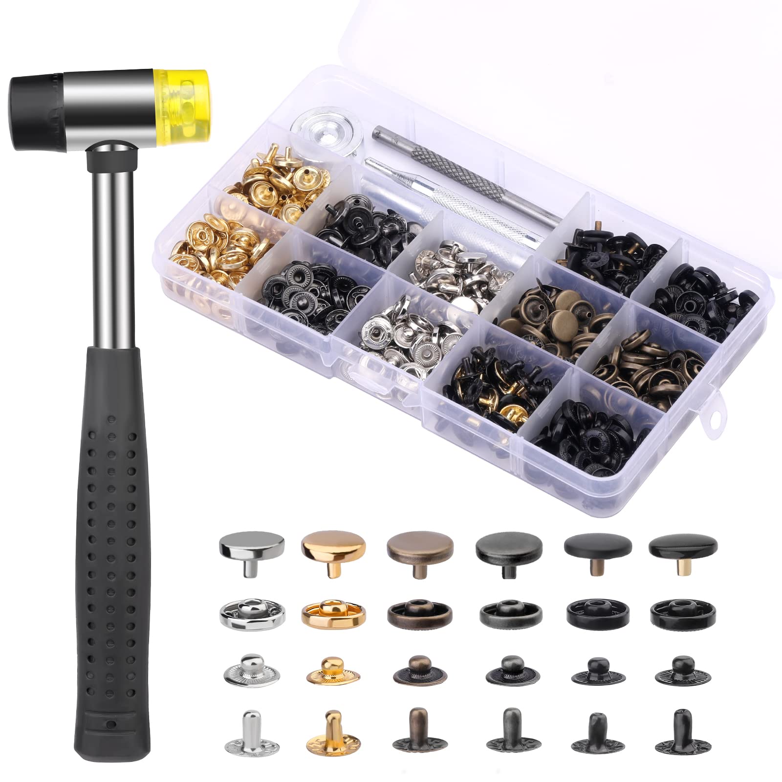 SUVSOON 120 Sets Snap Buttons, Leather Snap Fasteners Kit with Rubber Hammer, 10mm Metal Snaps Buttons Press Studs, for Leather Craft