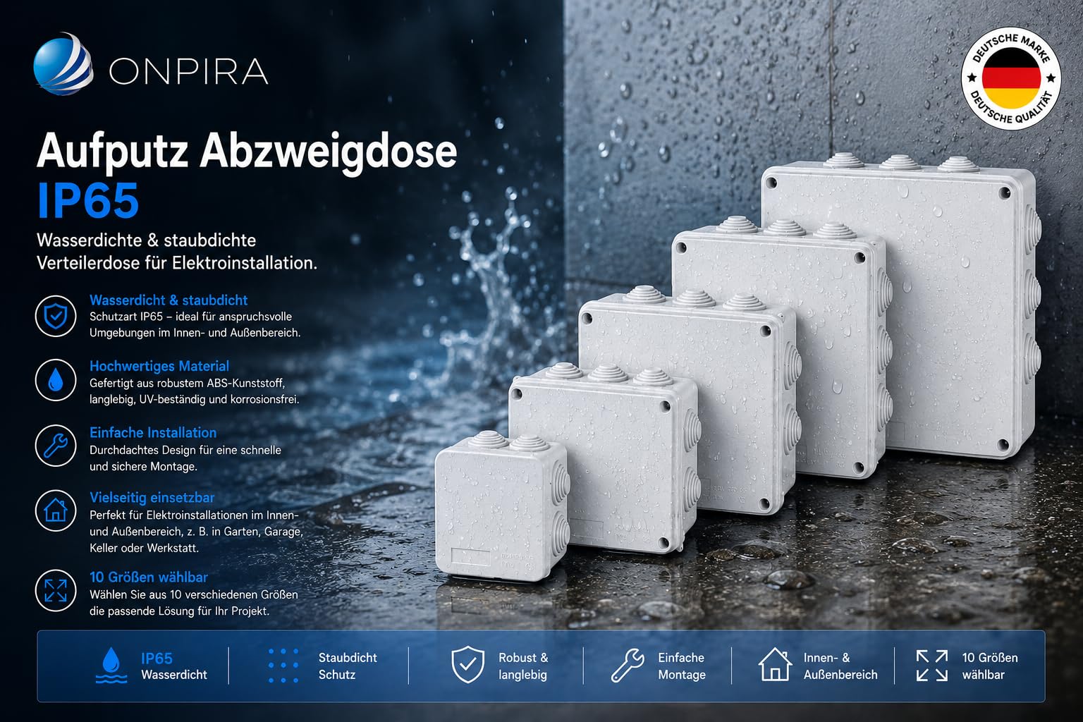 Onpira® Aufputz Abzweigdose IP65 – Wasserdichte & staubdichte Verteilerdose für Elektroinstallation, Anschlussdose/Abzweigkasten aus ABS, für Innen- & Außenbereich, 10 Größen auswählbar(150x110x70mm) 6