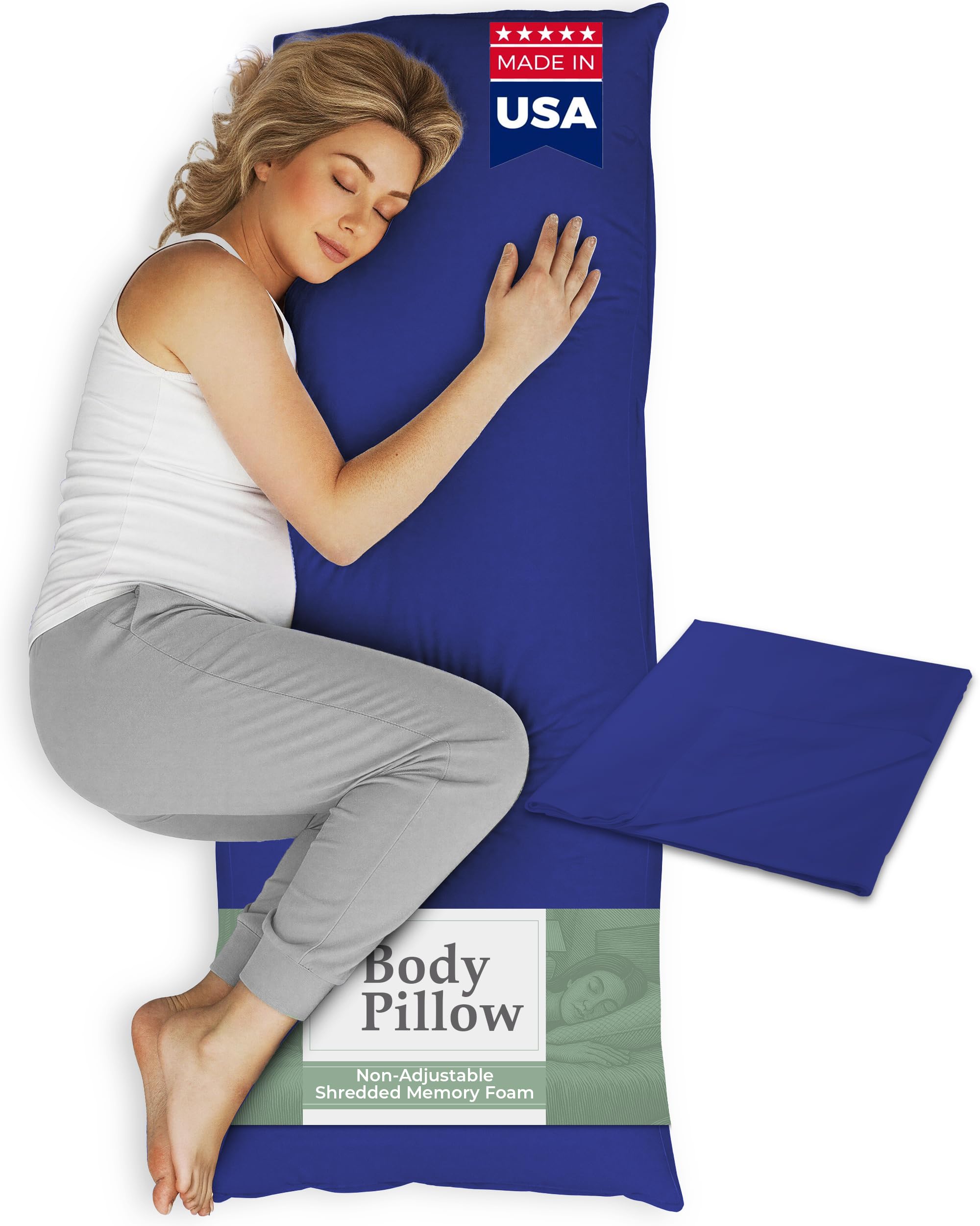 Snuggle-Pedic Body Pillow for Side Sleepers for Adults - Full Body Maternity Pillow Support Legs, Belly & HIPS - Shredded Memory Foam & Cooling Pregnancy Pillow Cover - 20x54 Navy