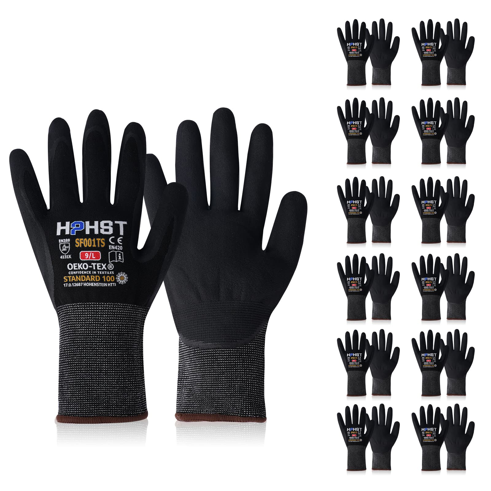 HPHST Nitrile Work Gloves SF001TS,Micro Foam Technology & Spandex Liner Nitrile Coated,CE Approved 15 Gauge Ergonomic Design,Smart Touch,Thin Machine Washable (Large, Black 12 Pairs)