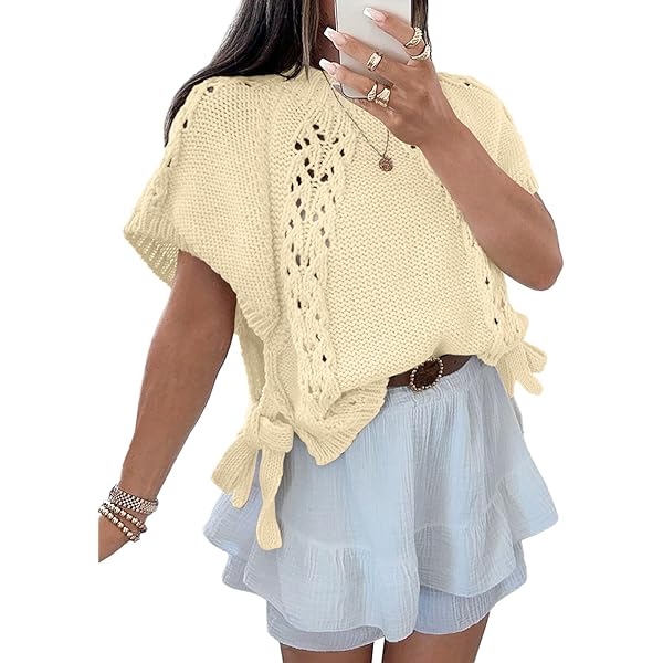 ZZEVOLSS Women Side Tie Sweater Vest Scallop Trim Mock Neck