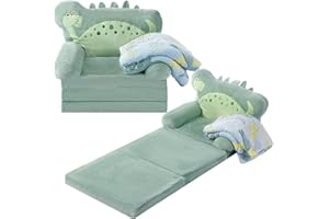 Burbell Dinosaur Kids Couch Fold Out 2-in-1 Toddler Sofa Fold Out with Blanket, Soft Toddler Chair Comfy for Boys Girls Baby, Convertible Sofa to Lounger for Napping Reading Playing Christmas, Green