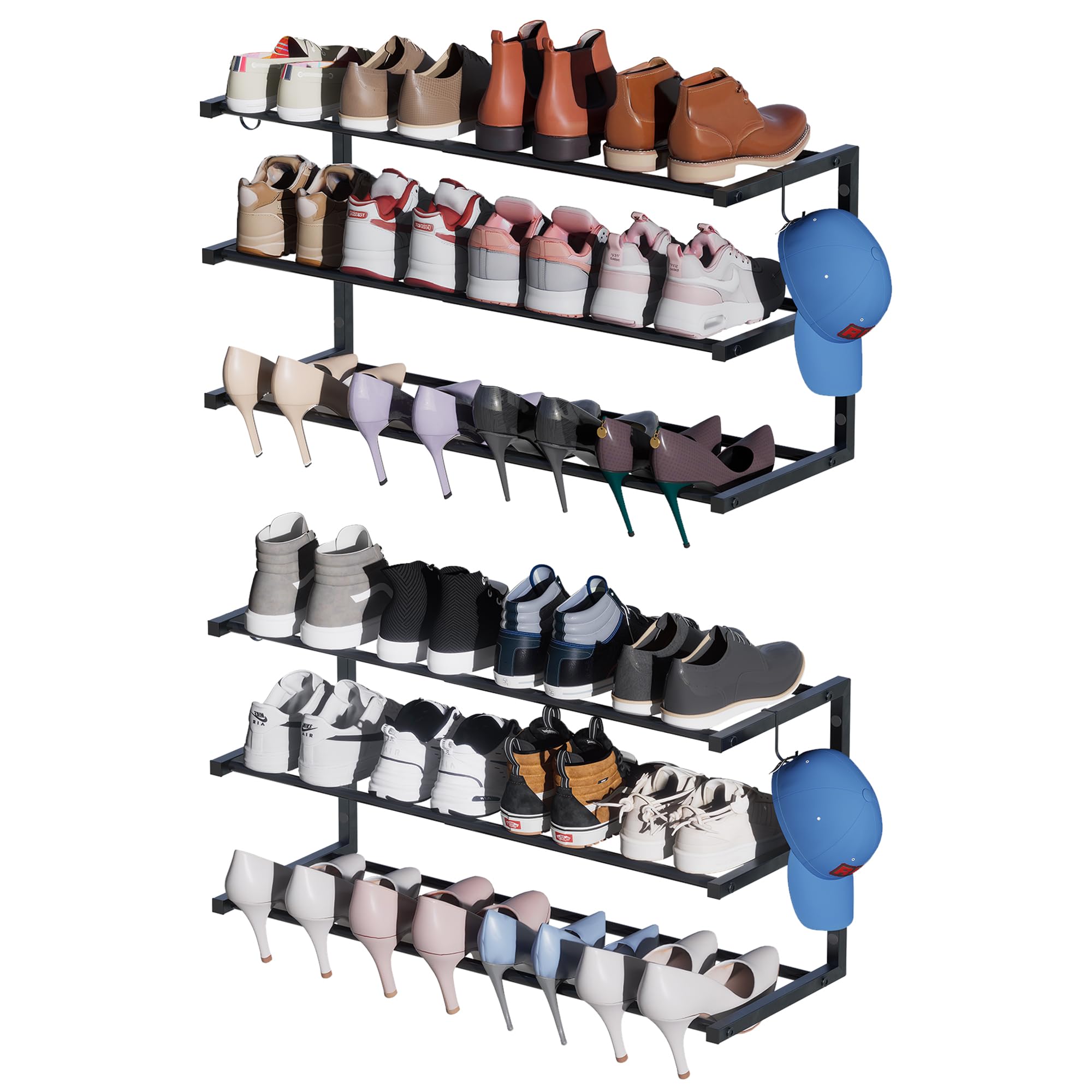 Photo 1 of 2 Pack Wall Mounted Shoe Rack, 3 Tier Hanging Shoe Rack Holds 24 Pairs, 17"-30"Adjustable Heavy Duty Shoe Organizer Holder with 4 Storage Hooks, Space Saving for Closet Entryway, Black, Patent Pending