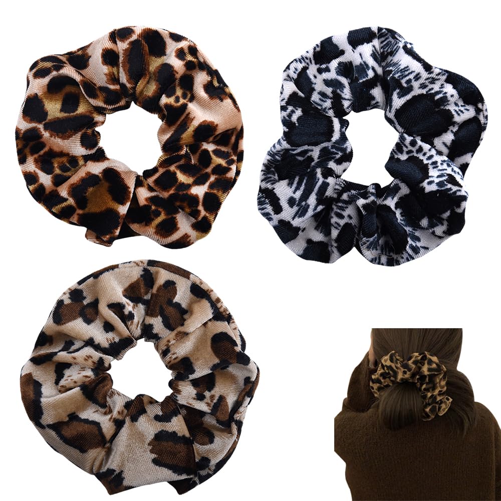 Leopard Print Velvet Scrunchie Ponytail Holders for Girls Women Leopard Print Hair Accessories for Women Cow Print Scrunchies Leopard Print Hair Ties Bobbles for Women Leopard Hair Band 3Pcs