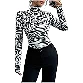 SOLY HUX Women's Long Sleeve Zebra Print Top High Neck Slim Fitted T Shirts Business Casual Tees