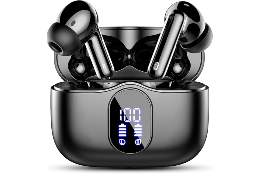 Wireless Earbuds, Bluetooth 5.4 Headphones Bass Stereo, Ear Buds with Noise Cancelling Mic, LED Display in Ear Earphones Clear Calls, IP7 Waterproof Bluetooth Earbuds for Phones/Sports/Laptop, Black
