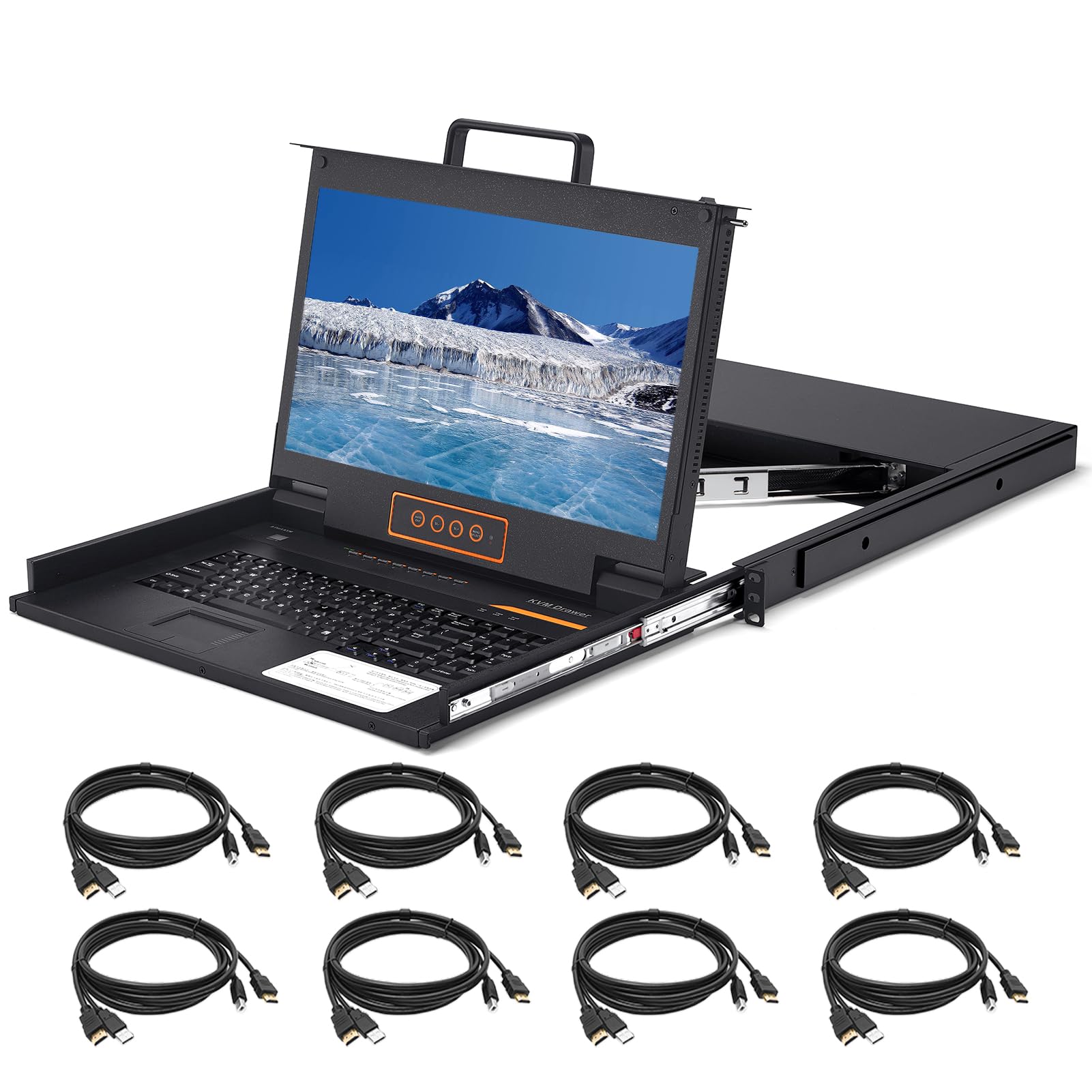 8 Port HDMI Rack Mount KVM Console 17.3-Inch 1080P with KVM Cables, Standard 1U Height KVM Switch Drawer+ Rackmount Monitor+ Keyboard+Touchpad, OSD/Hotkey/Button Switching, 20.69
