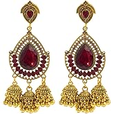 Missgrace Bohemian Indian Red Blue Rhinestone Dangle Teardrop Tassel Long Earrings for Women Vintage Retro Chandelier Earrings Beaded Crystal Jhumka Jhumki Tassel Studs Traditional Earrings for Women