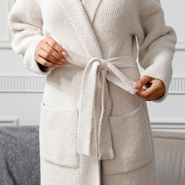 MH MYLUNE HOME ULTRA SOFT ROBE WITH POCKETS, SPA BATHROBE LOUNGEWEAR CALF-LENGTH, PLUSH FUZZY FLUFFY WRAP ROBE FOR WOMEN, WOMEN’S ROBES, HOODED RIBBED TAUPE