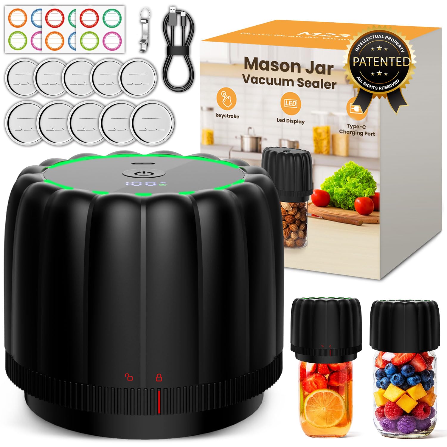 Snuuoby 2026 Upgraded Electric Mason Jar Vacuum Sealer Kit with Wide and Regular Mouth Mason Lids -80kpa Automatic Vacuum Pump 2500mAh Battery One Touch Canning Sealing Machine for Food Storage Black Image